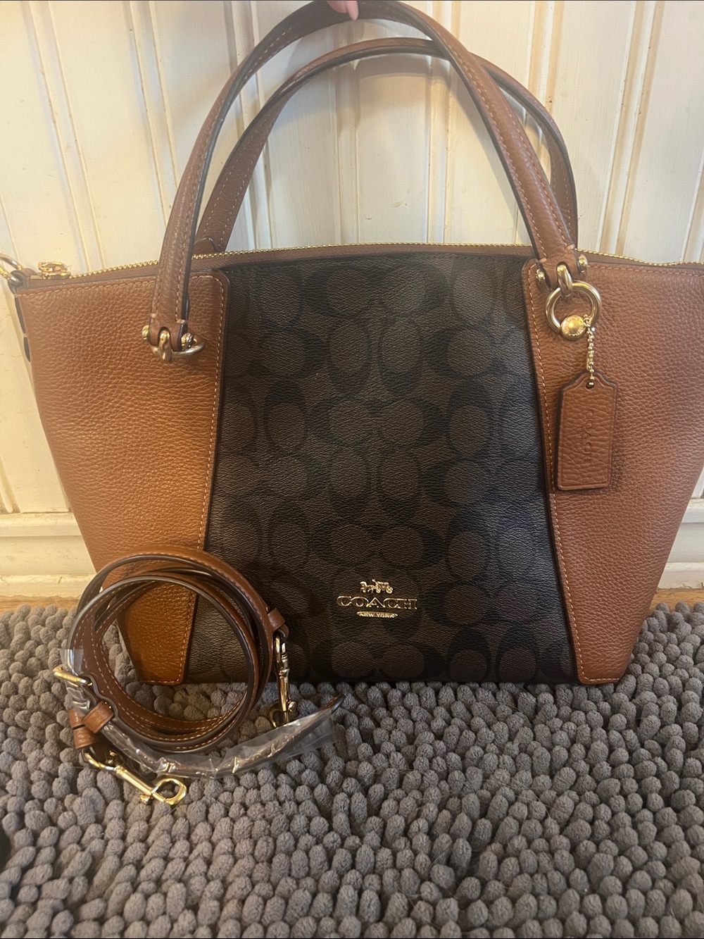 Coach Kacey Satchel in Brown Signature Canvas and Cognac Pebbled Leather